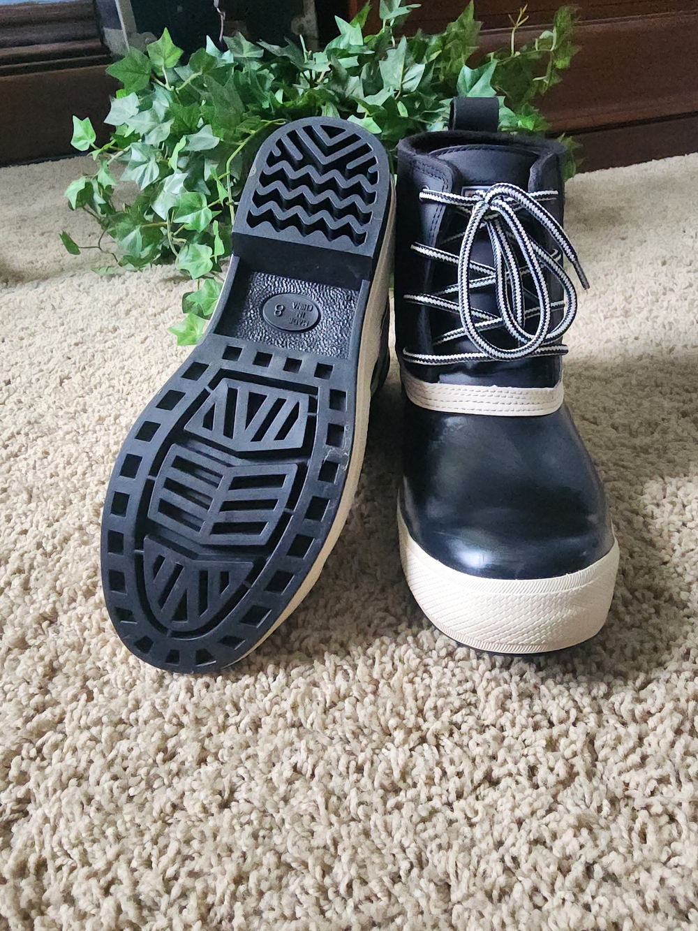 Waterproof Black & Cream Lace-Up Winter Rain Boots - Picture 5 of 13
